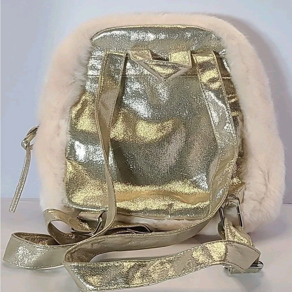 Gold Metallic Faux Fur Pink Backpack w/ Silver Gold Stars Toddler Little Girl